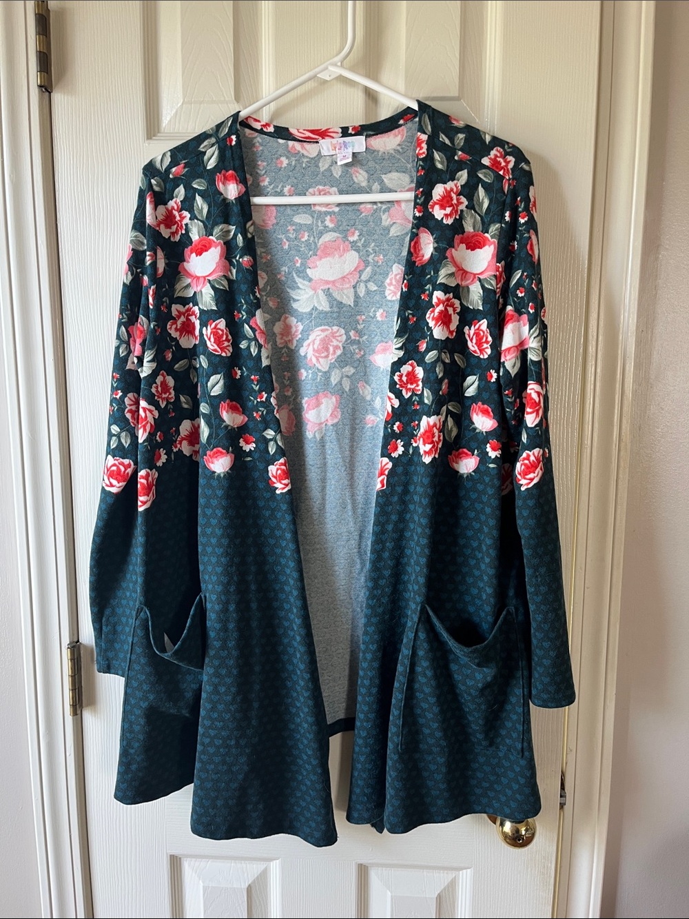 LuLaRoe Teal Cardigan with Pink & White Rose Print